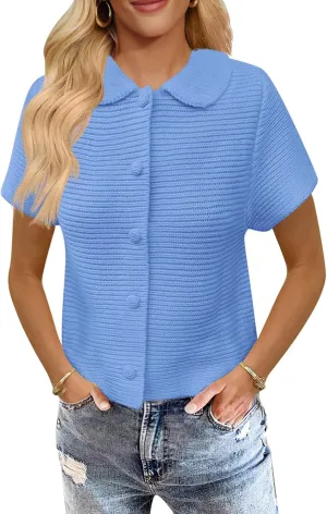 Saodimallsu Womens Short Sleeve Cropped Cardigans Casual Summer Button Down Collared Lightweight Loose Knit Sweater Top