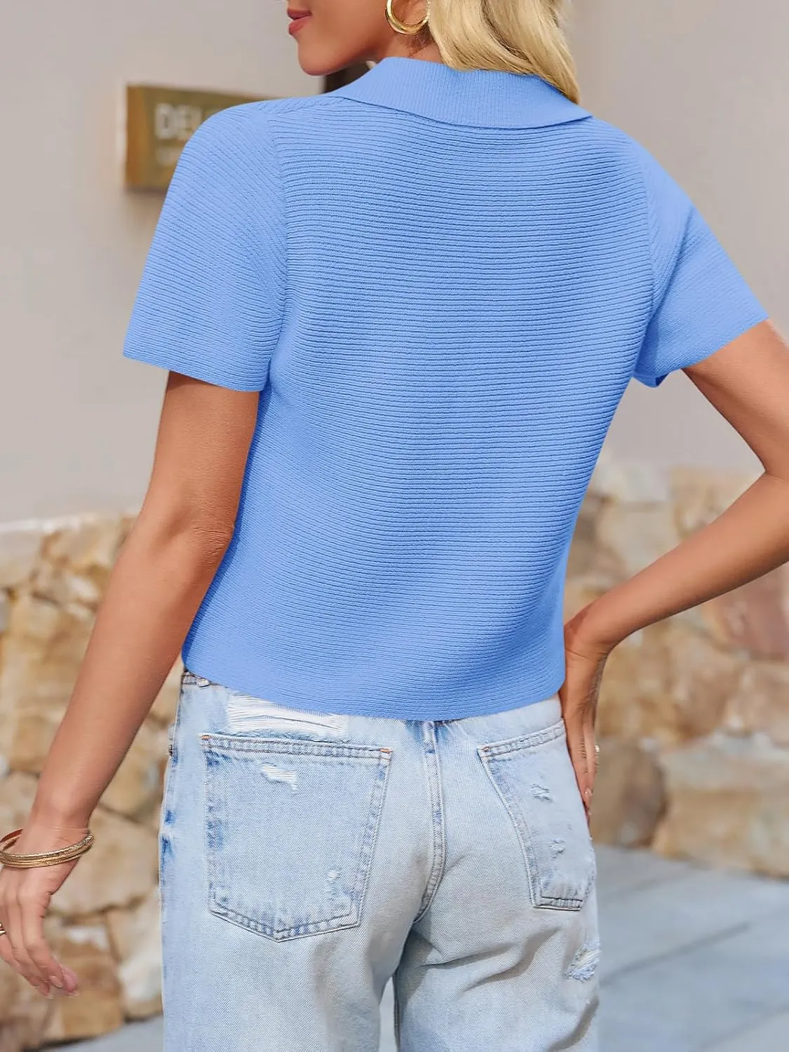 Saodimallsu Womens Short Sleeve Cropped Cardigans Casual Summer Button Down Collared Lightweight Loose Knit Sweater Top