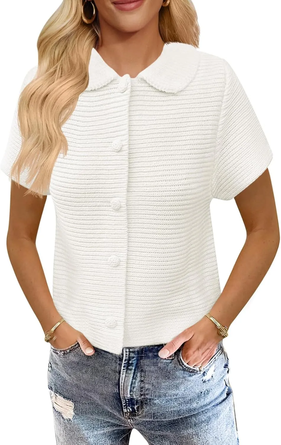 Saodimallsu Womens Short Sleeve Cropped Cardigans Casual Summer Button Down Collared Lightweight Loose Knit Sweater Top