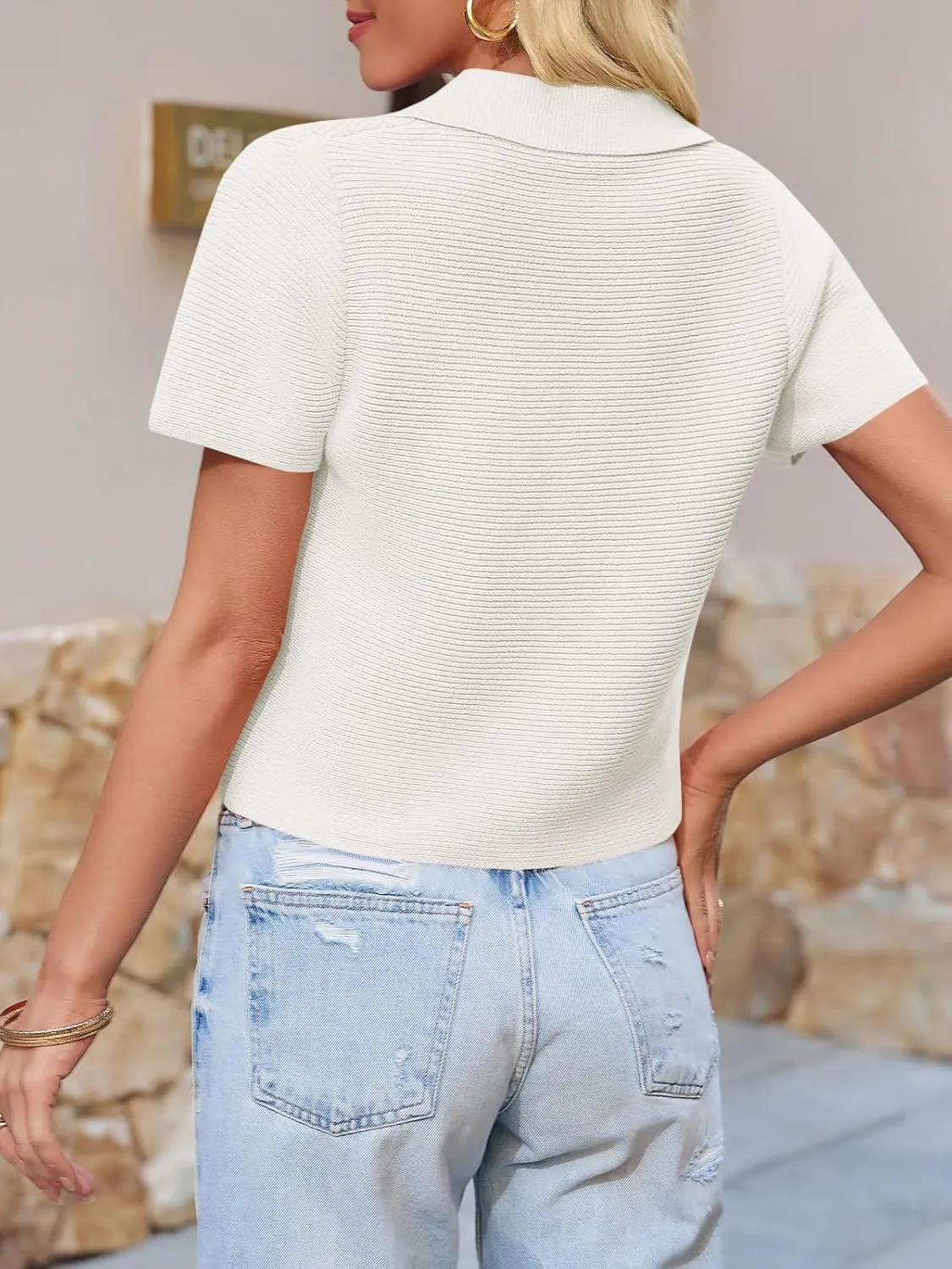 Saodimallsu Womens Short Sleeve Cropped Cardigans Casual Summer Button Down Collared Lightweight Loose Knit Sweater Top