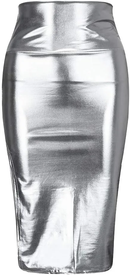 Sexy Faux Leather Skirts for Women Tummy Control High Waist Slit Bodycon Pencil Skirts for Night Club Party