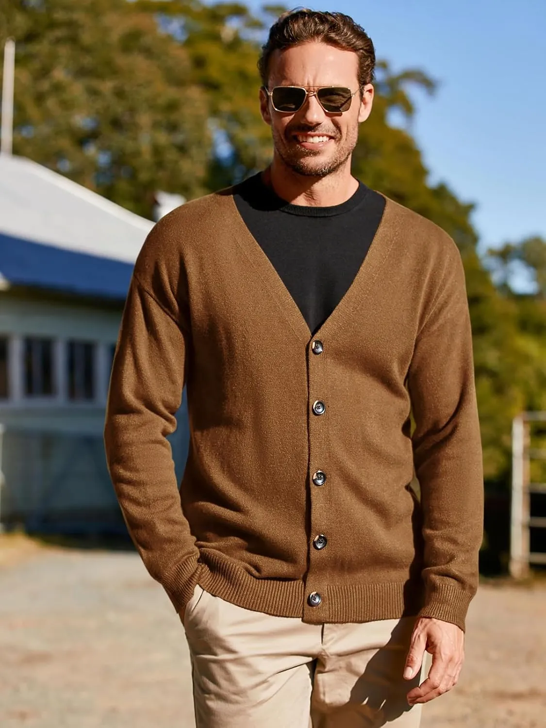 Shanfetl Men's Lightweight Cardigan Sweater Single-Breasted V-Neck Knitted Cardigans