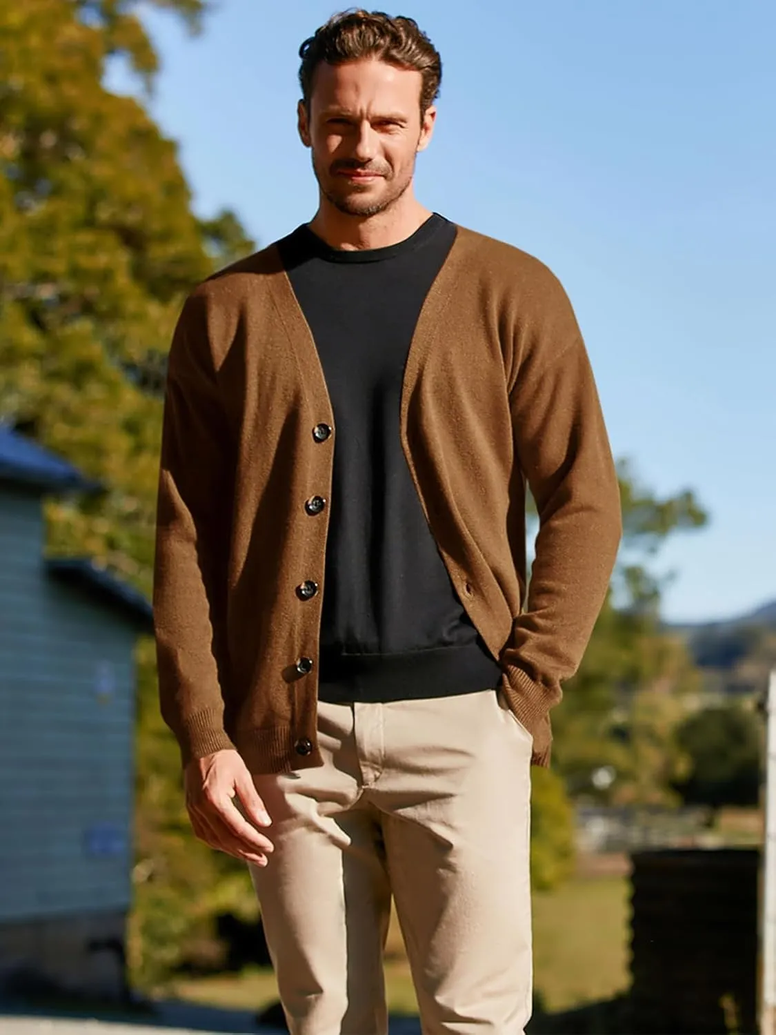 Shanfetl Men's Lightweight Cardigan Sweater Single-Breasted V-Neck Knitted Cardigans