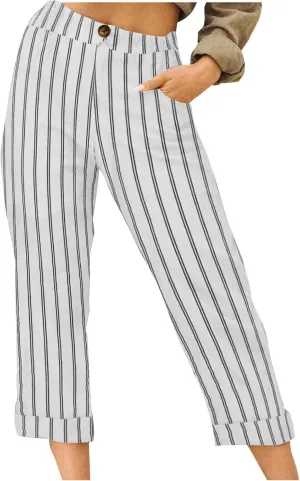 Sinzelimin Women's Capris Pants Fashion Striped Straight Wide Leg Trousers with Pocket, Ladies Sport Casual Cropped Sweatpant
