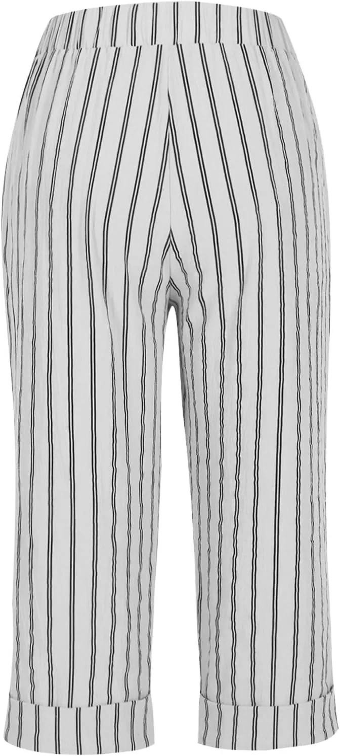 Sinzelimin Women's Capris Pants Fashion Striped Straight Wide Leg Trousers with Pocket, Ladies Sport Casual Cropped Sweatpant