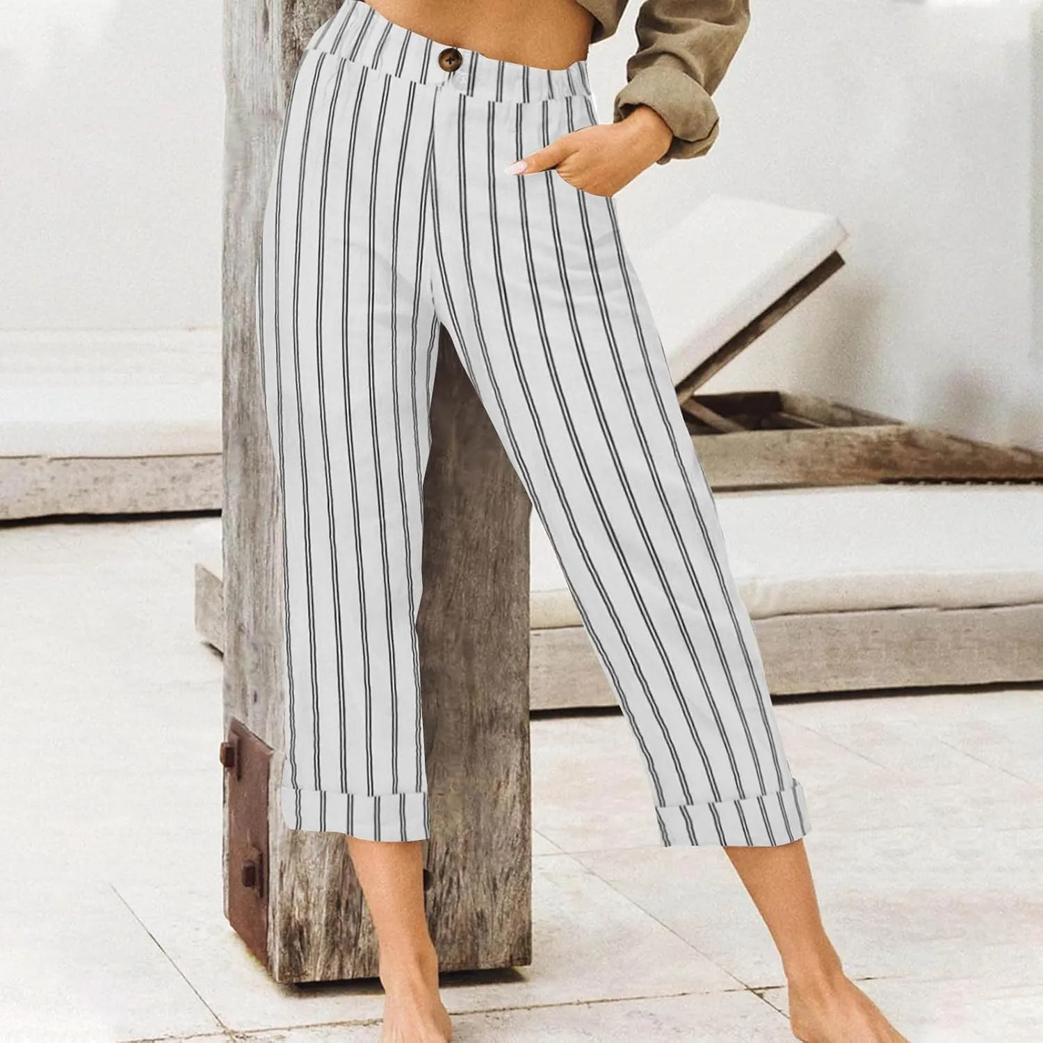 Sinzelimin Women's Capris Pants Fashion Striped Straight Wide Leg Trousers with Pocket, Ladies Sport Casual Cropped Sweatpant