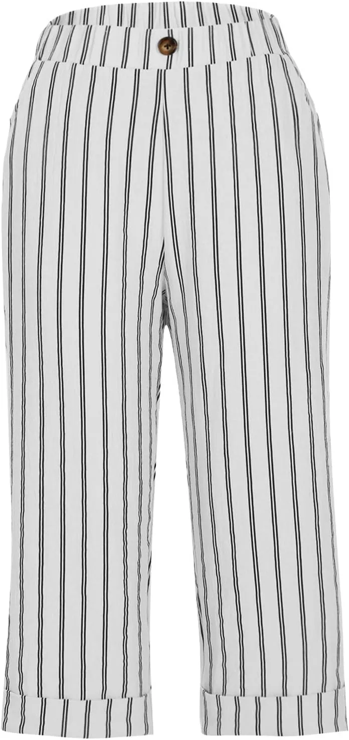 Sinzelimin Women's Capris Pants Fashion Striped Straight Wide Leg Trousers with Pocket, Ladies Sport Casual Cropped Sweatpant