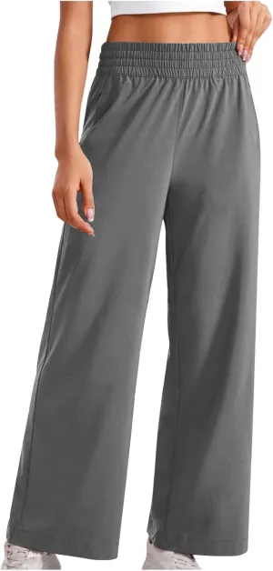 Sinzelimin Women's Wide Leg Sweatpant with Side Pocket Fashion Solid Color Elastic Waist Loose Yoga Pant Jogger Sport Trouser