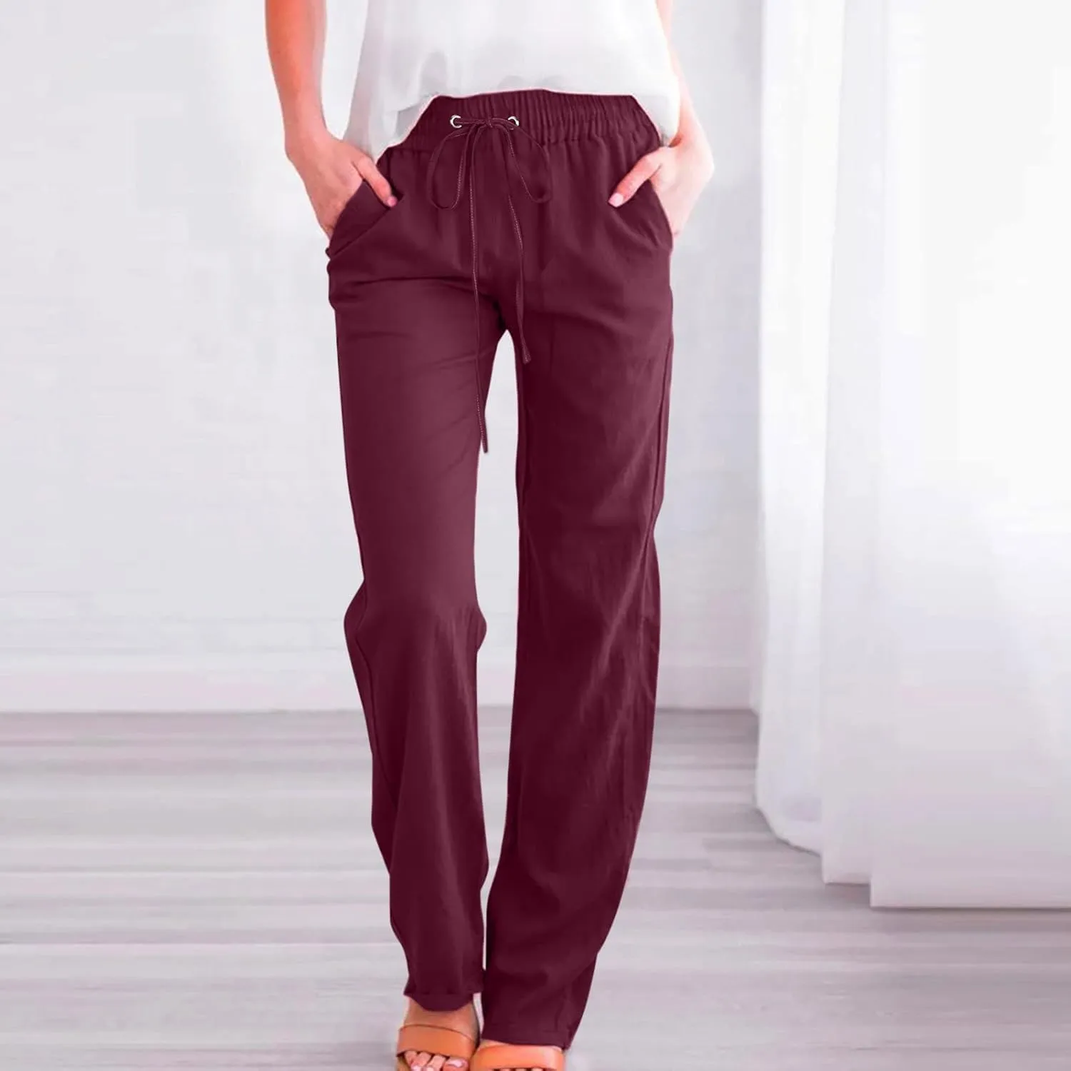 SMIDOW Womens Casual Straight Leg Pants Drawstring Elastic High Waisted Cotton Linen Pant Lounge Trousers Relax Fit