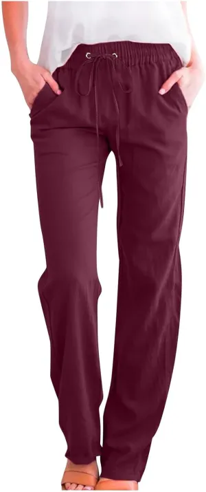 SMIDOW Womens Casual Straight Leg Pants Drawstring Elastic High Waisted Cotton Linen Pant Lounge Trousers Relax Fit