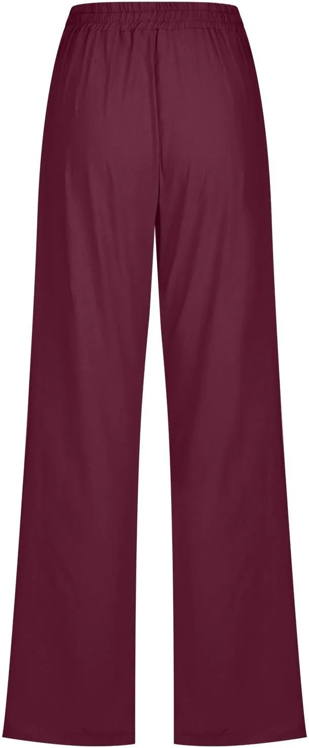 SMIDOW Womens Casual Straight Leg Pants Drawstring Elastic High Waisted Cotton Linen Pant Lounge Trousers Relax Fit