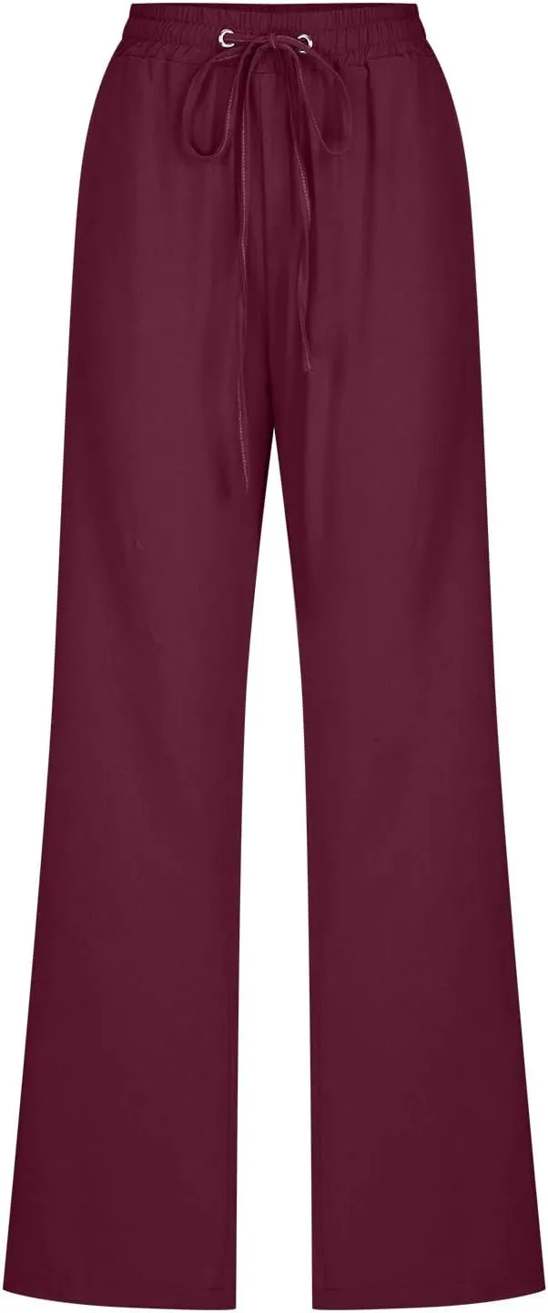 SMIDOW Womens Casual Straight Leg Pants Drawstring Elastic High Waisted Cotton Linen Pant Lounge Trousers Relax Fit