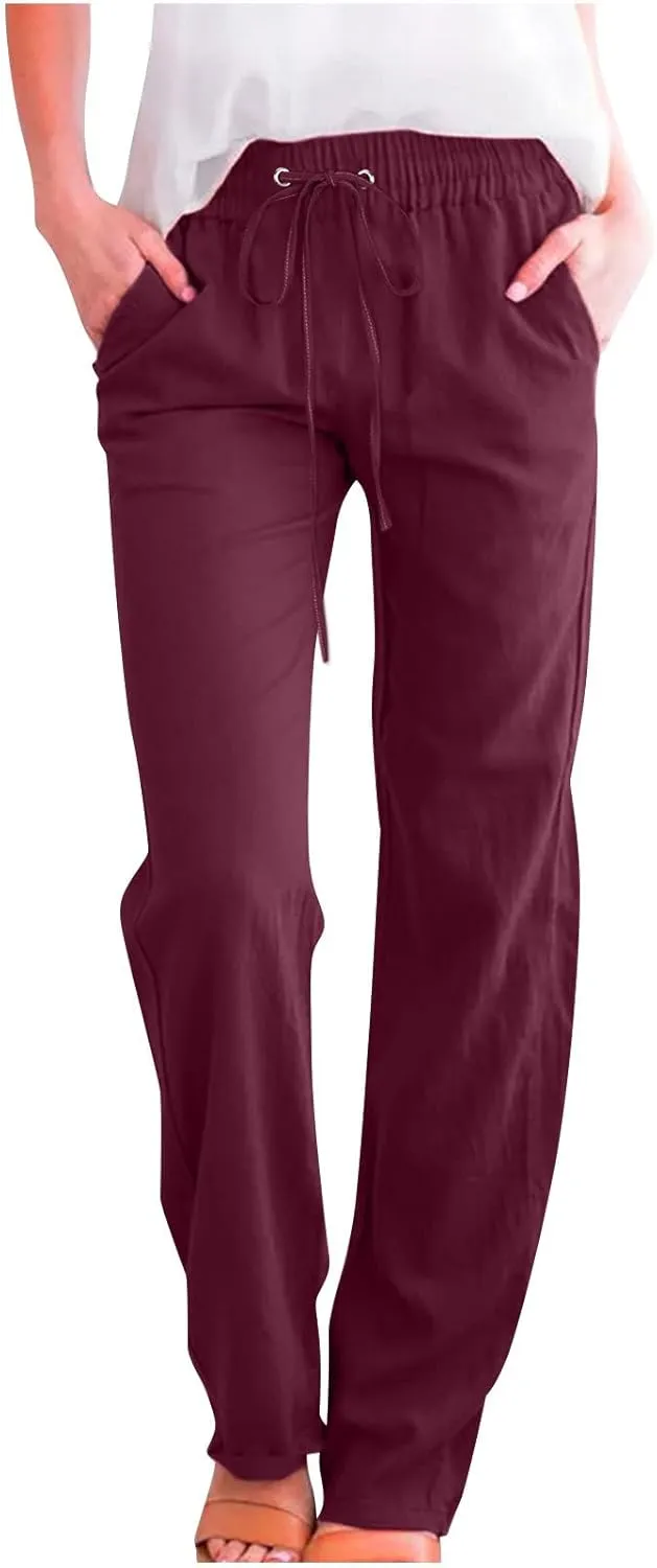 SMIDOW Womens Casual Straight Leg Pants Drawstring Elastic High Waisted Cotton Linen Pant Lounge Trousers Relax Fit
