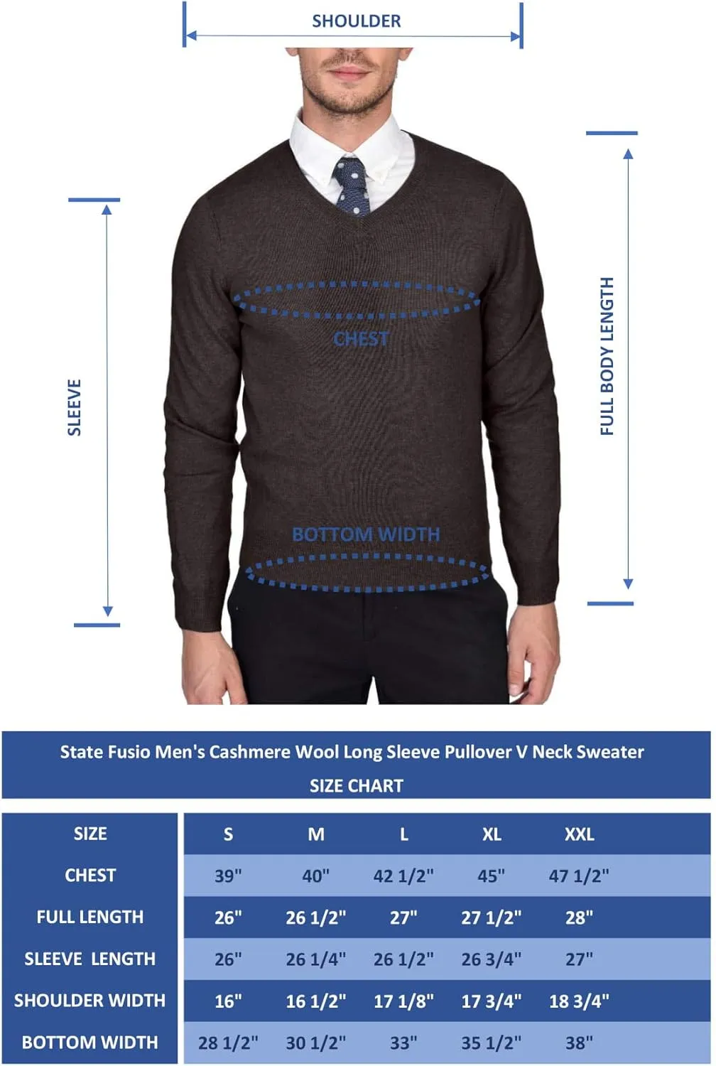 State Fusio Basic V-Neck Sweater Merino Wool Long Sleeve Pullover for Men - Made with 100% Merino Wool