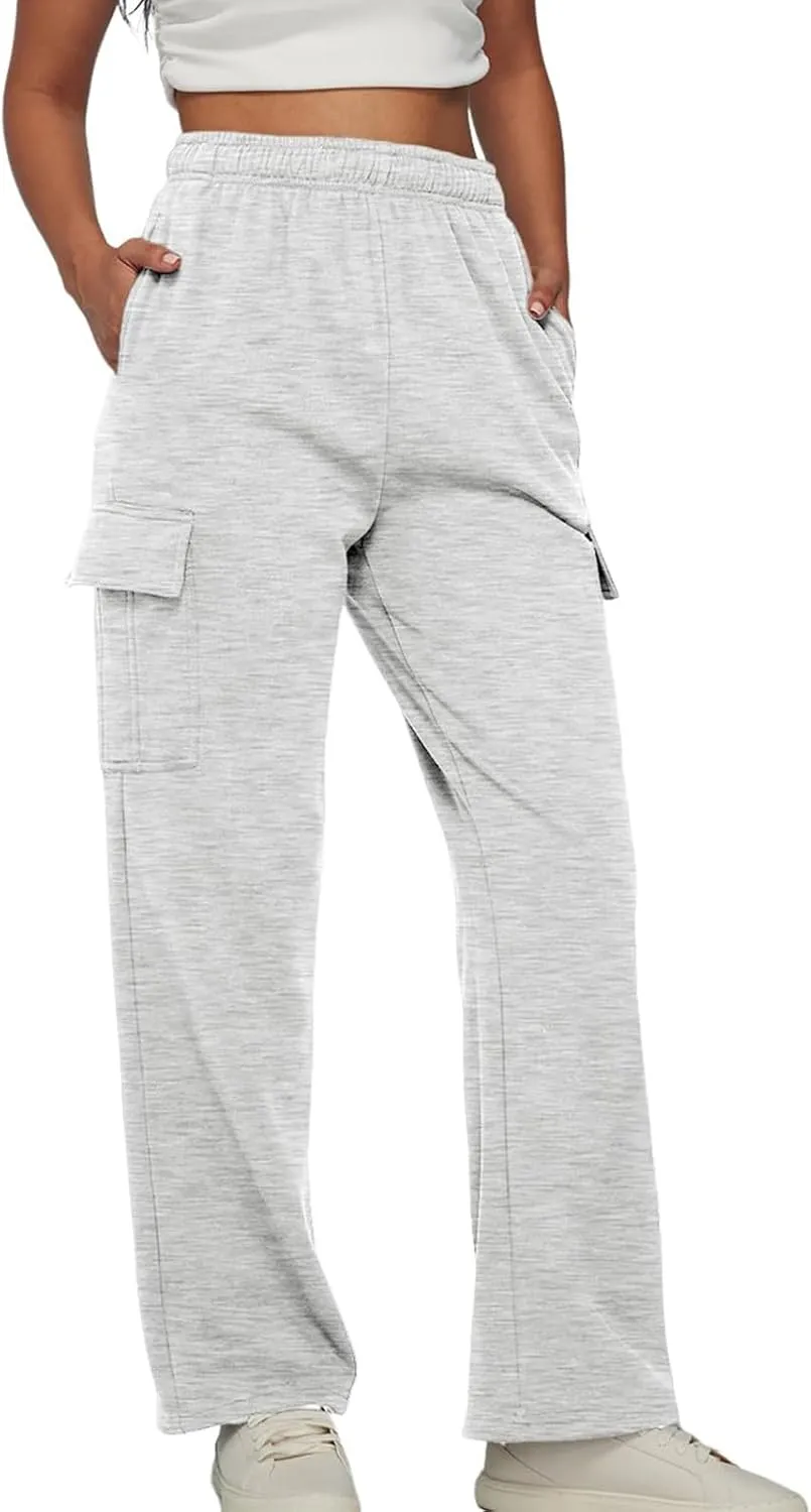 Straight Leg Cargo Sweatpants Women Baggy Fleece Elastic High Waisted Joggers Pants Casual Comfy Soft Parachute Pant