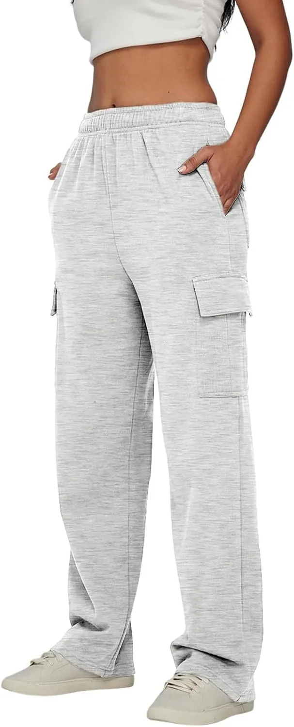 Straight Leg Cargo Sweatpants Women Baggy Fleece Elastic High Waisted Joggers Pants Casual Comfy Soft Parachute Pant
