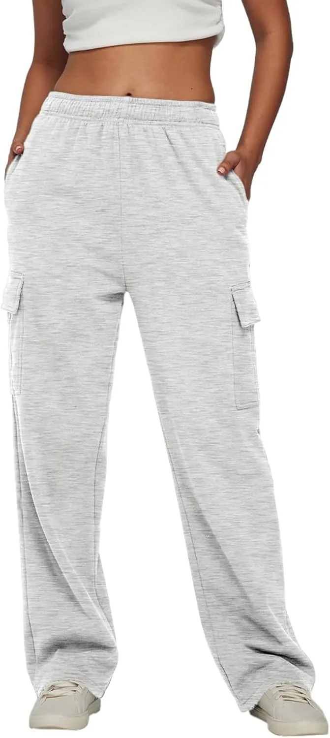 Straight Leg Cargo Sweatpants Women Baggy Fleece Elastic High Waisted Joggers Pants Casual Comfy Soft Parachute Pant