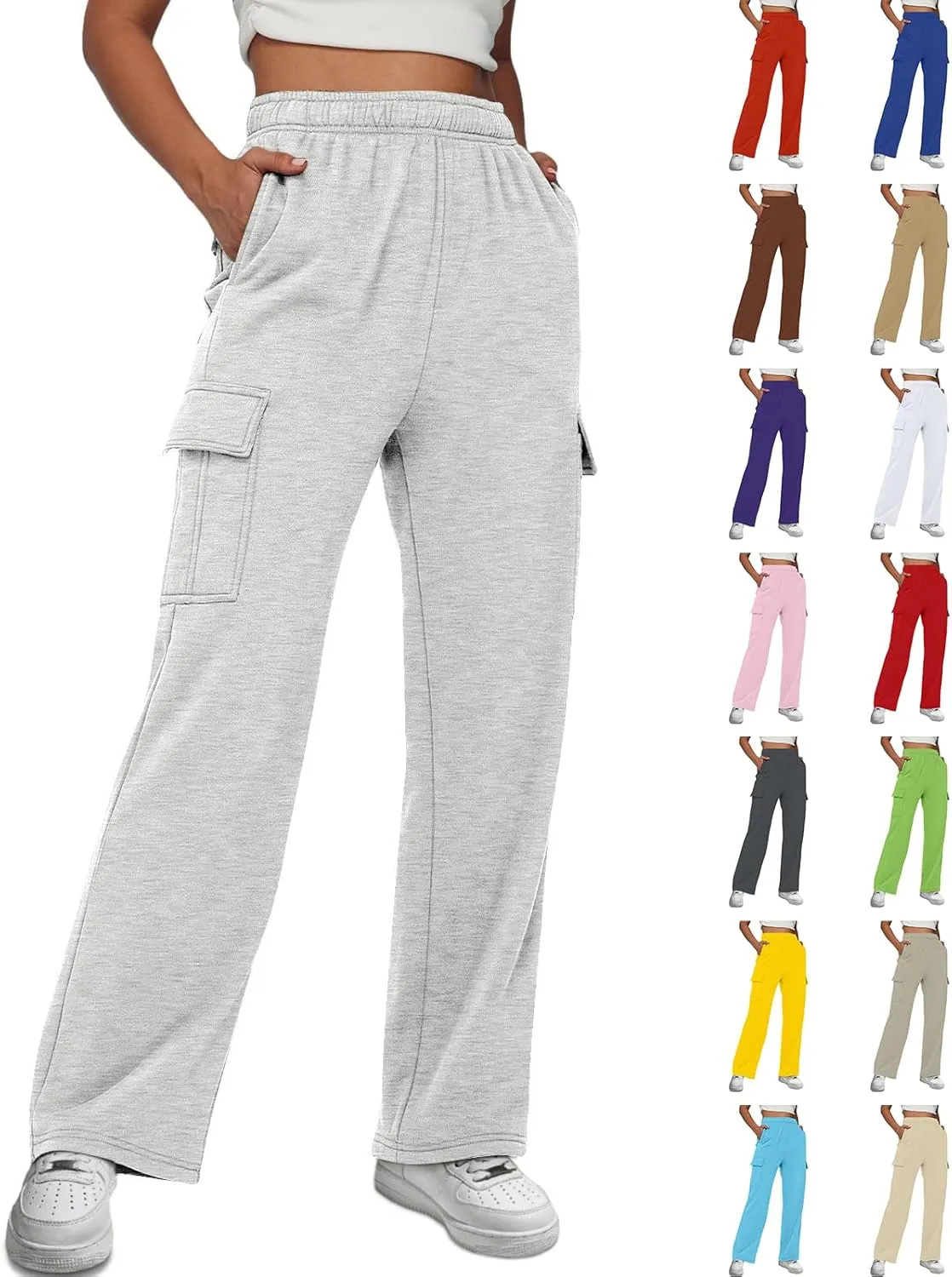 Straight Leg Cargo Sweatpants Women Baggy Fleece Elastic High Waisted Joggers Pants Casual Comfy Soft Parachute Pant