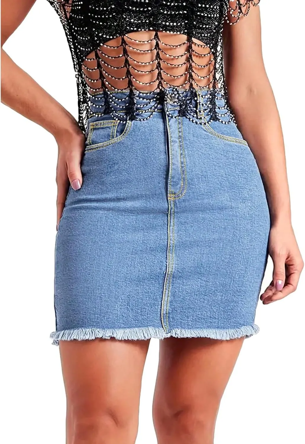 Stretchy Denim Mini Skirts for Women High Waisted Slim Fit Raw Hem Jean Skirt Stretch Bodycon Short Skirt with Pockets