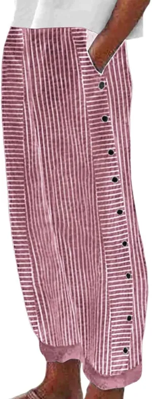 Striped Linen Pants Women Side Button Up Trendy Pants Baggy Elastic Waist Straight Leg Comfort Trousers with Pocket