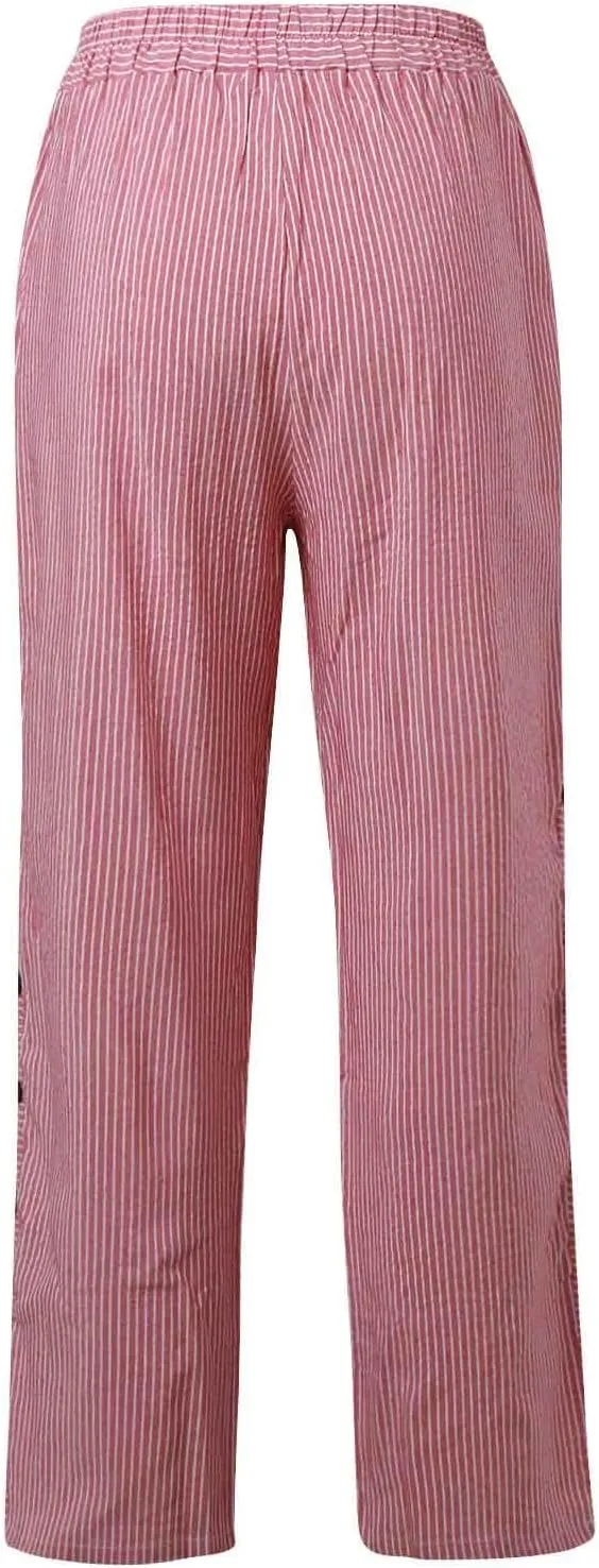 Striped Linen Pants Women Side Button Up Trendy Pants Baggy Elastic Waist Straight Leg Comfort Trousers with Pocket