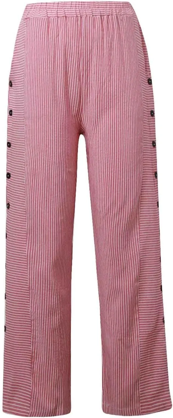 Striped Linen Pants Women Side Button Up Trendy Pants Baggy Elastic Waist Straight Leg Comfort Trousers with Pocket