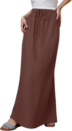 Summer Boho Linen Skirts for Women Casual Loose Maxi Length Drawstring Low Rise A-Line Flowy Long Beach Skirt