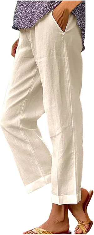 Summer Cotton Linen Pants for Women 2024 Plus Size Causal Straight Leg Cropped Lounge Pant Beach Vacation Trousers