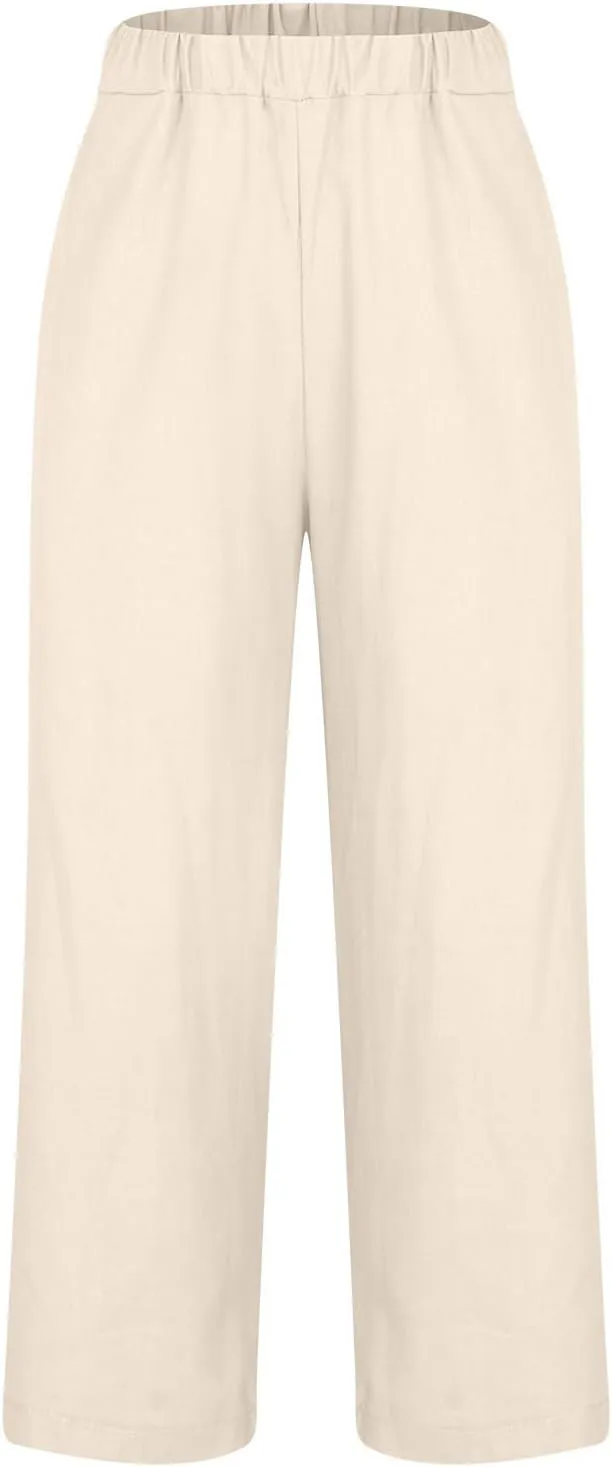 Summer Cotton Linen Pants for Women 2024 Plus Size Causal Straight Leg Cropped Lounge Pant Beach Vacation Trousers