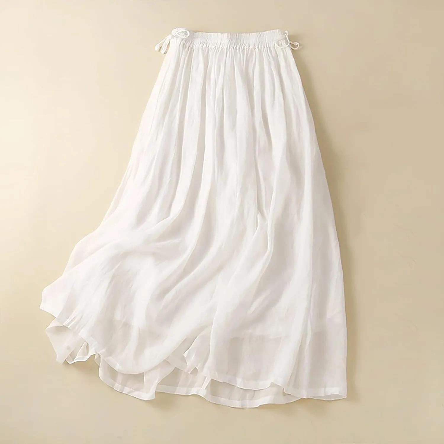 Summer Linen Skirts for Women 2025 Fashion Basic Solid Color Elastic Waist Lace-Up Boho Flowy Beach Skirt