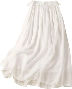 Summer Linen Skirts for Women 2025 Fashion Basic Solid Color Elastic Waist Lace-Up Boho Flowy Beach Skirt