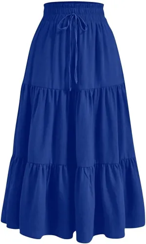 Summer Long Skirts for Women Casual Drawstring High Waist Lightweight Tiered Flowy Pleated Skirts with Pocket