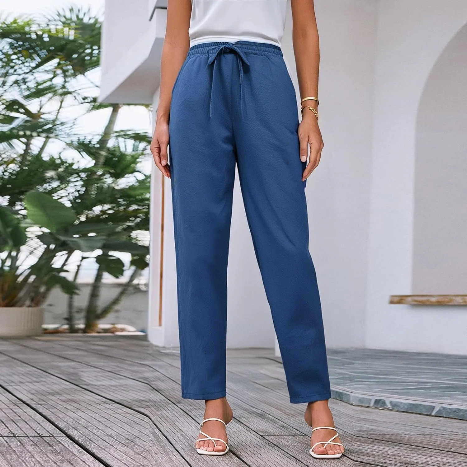 Summer Pants for Women Palazzo Capri Wide Leg Travel Plus Size Baggy Trousers Flowy Comfy Lounge Spring Outfits