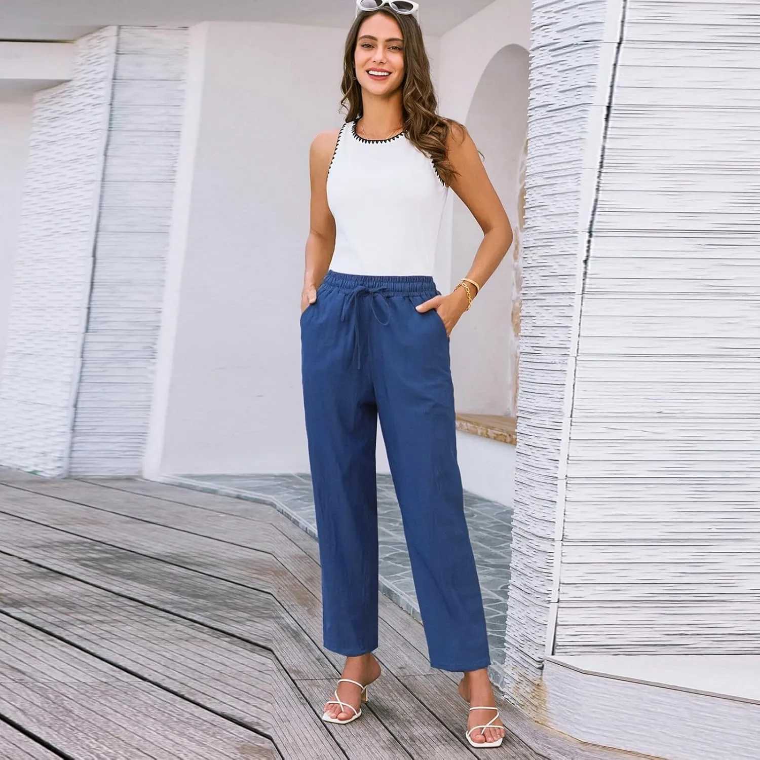Summer Pants for Women Palazzo Capri Wide Leg Travel Plus Size Baggy Trousers Flowy Comfy Lounge Spring Outfits