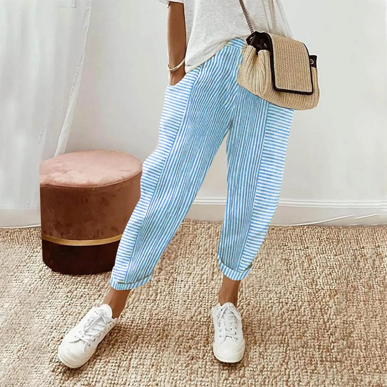 Summer Pants for Women Trendy Stripe Print Side Button Casual Pants Baggy Elastic Waist Straight Leg Comfy Trousers