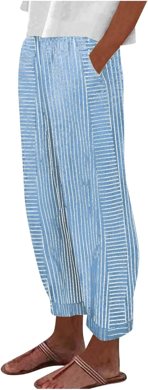 Summer Pants for Women Trendy Stripe Print Side Button Casual Pants Baggy Elastic Waist Straight Leg Comfy Trousers