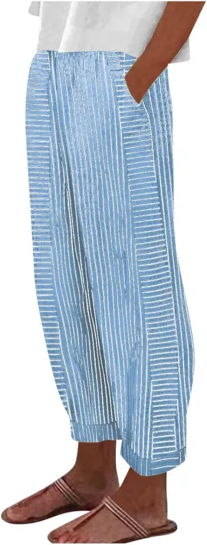 Summer Pants for Women Trendy Stripe Print Side Button Casual Pants Baggy Elastic Waist Straight Leg Comfy Trousers