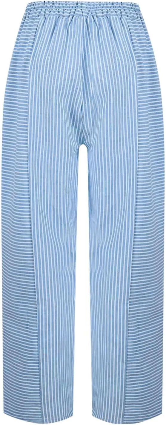 Summer Pants for Women Trendy Stripe Print Side Button Casual Pants Baggy Elastic Waist Straight Leg Comfy Trousers