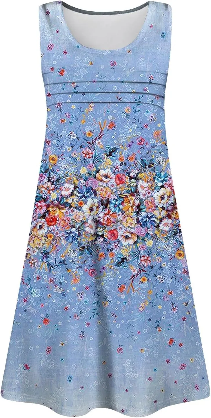 Tank Dresses for Women Casual U-Neck Summer Boho Floral Print Hawaiian Beach Vacation Sundresses with Pockets