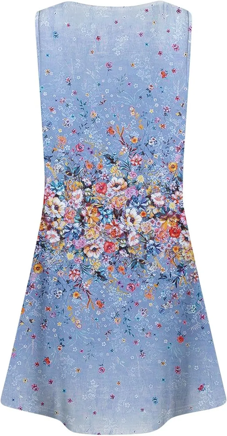 Tank Dresses for Women Casual U-Neck Summer Boho Floral Print Hawaiian Beach Vacation Sundresses with Pockets