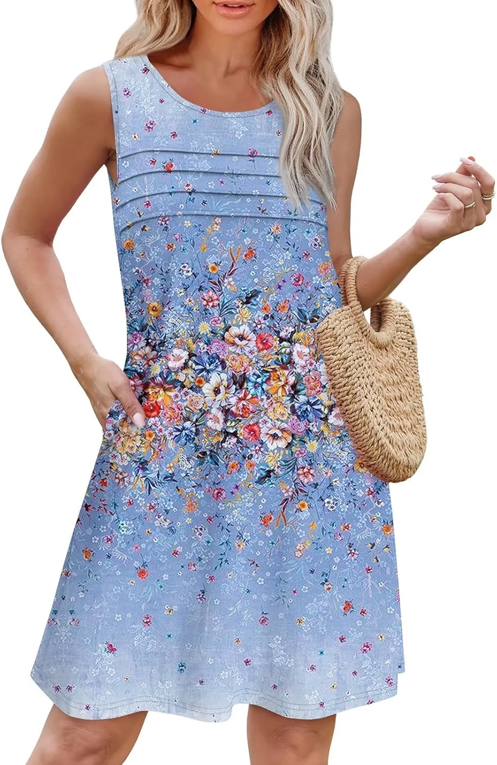 Tank Dresses for Women Casual U-Neck Summer Boho Floral Print Hawaiian Beach Vacation Sundresses with Pockets