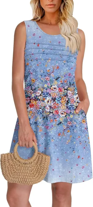 Tank Dresses for Women Casual U-Neck Summer Boho Floral Print Hawaiian Beach Vacation Sundresses with Pockets