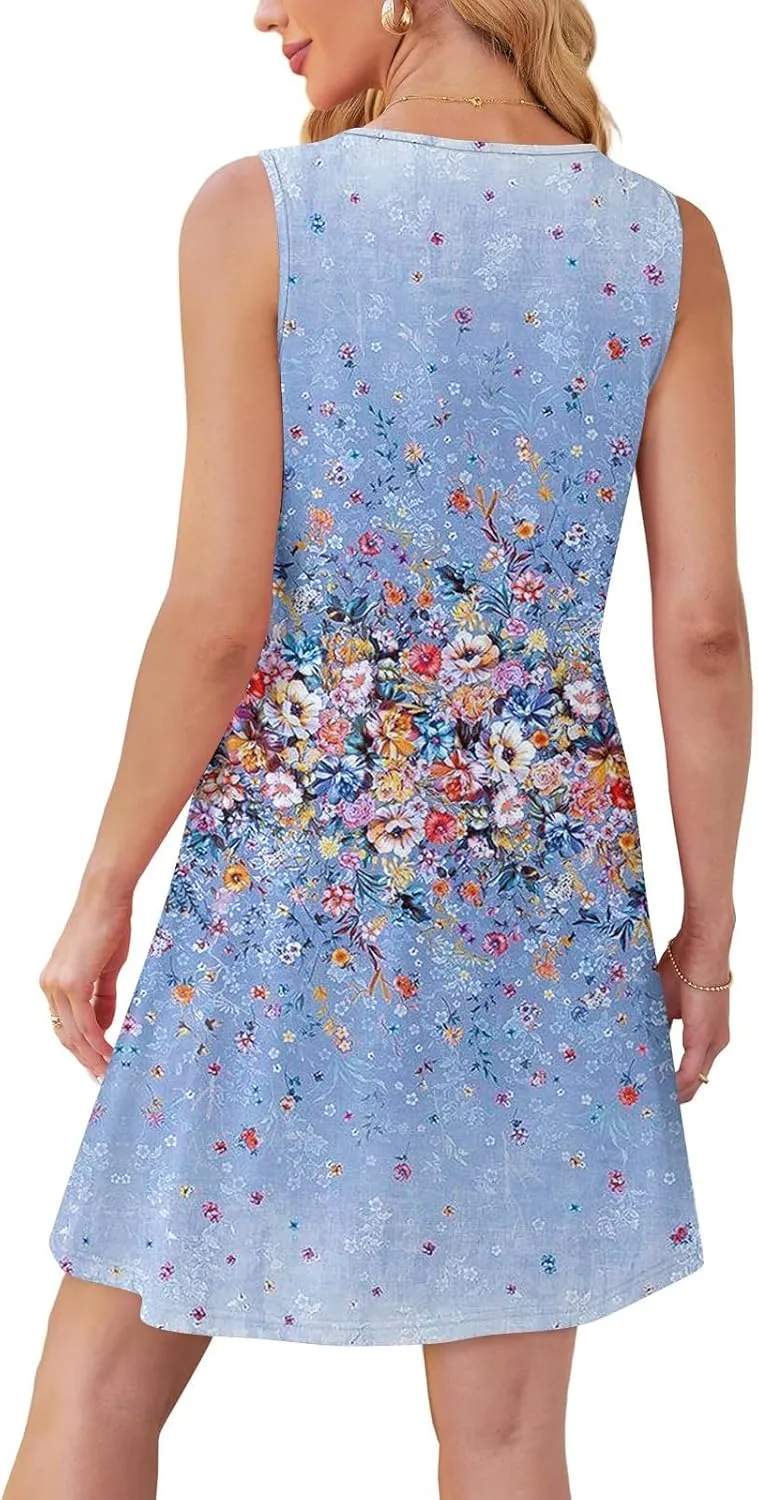 Tank Dresses for Women Casual U-Neck Summer Boho Floral Print Hawaiian Beach Vacation Sundresses with Pockets