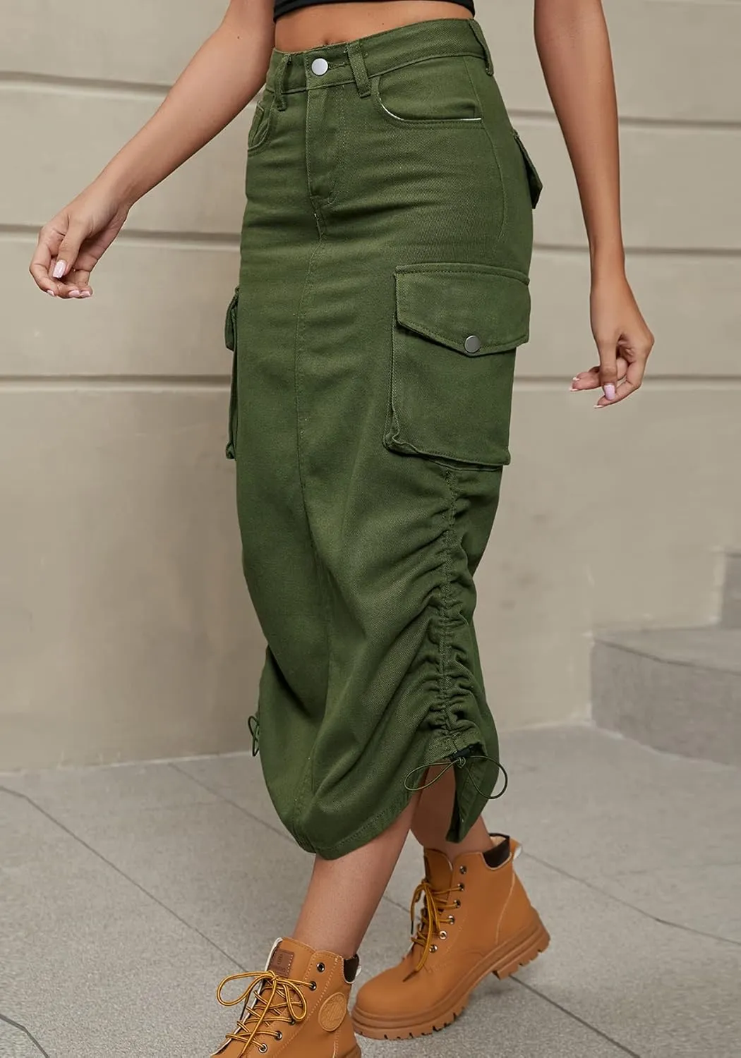 Tcremisa Cargo Skirts for Women Y2k Casual Loose High Waist Maxi Skirts Side Drawstring Denim Skirt with Pocket