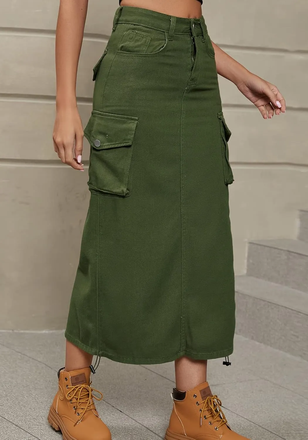 Tcremisa Cargo Skirts for Women Y2k Casual Loose High Waist Maxi Skirts Side Drawstring Denim Skirt with Pocket