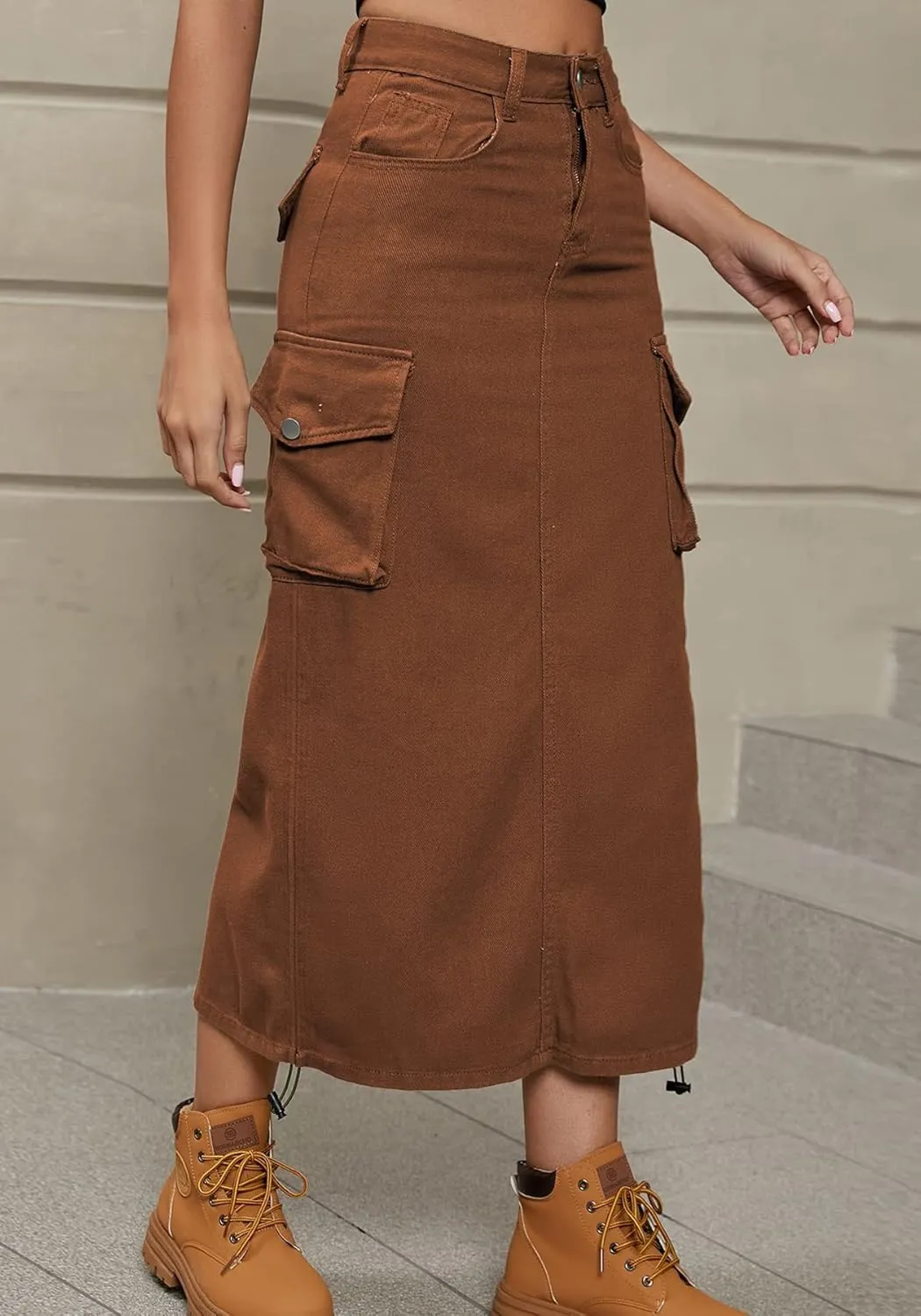 Tcremisa Cargo Skirts for Women Y2k Casual Loose High Waist Maxi Skirts Side Drawstring Denim Skirt with Pocket