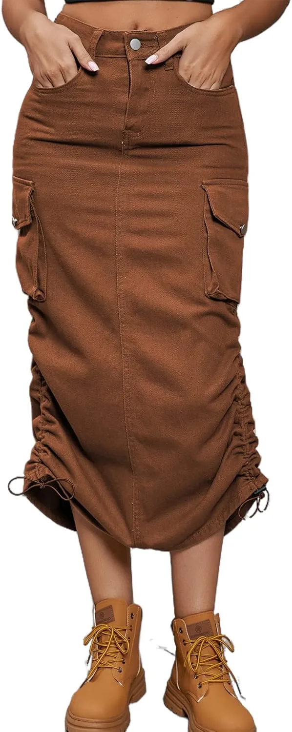 Tcremisa Cargo Skirts for Women Y2k Casual Loose High Waist Maxi Skirts Side Drawstring Denim Skirt with Pocket