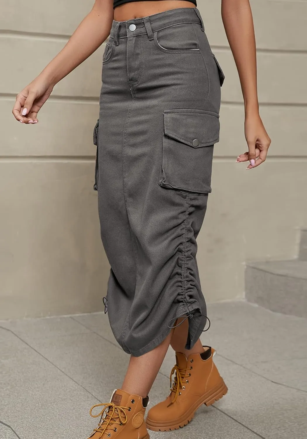 Tcremisa Cargo Skirts for Women Y2k Casual Loose High Waist Maxi Skirts Side Drawstring Denim Skirt with Pocket