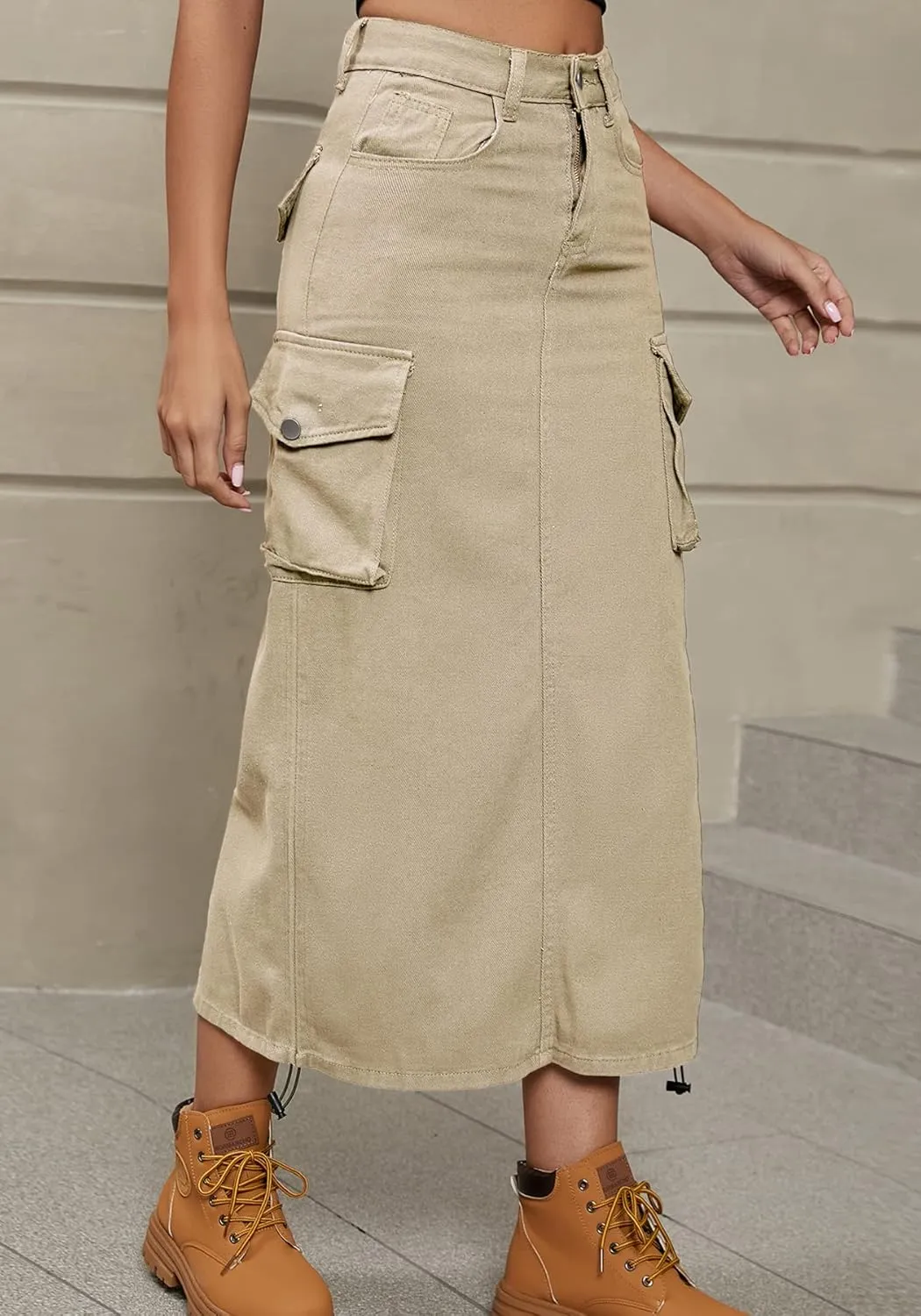 Tcremisa Cargo Skirts for Women Y2k Casual Loose High Waist Maxi Skirts Side Drawstring Denim Skirt with Pocket