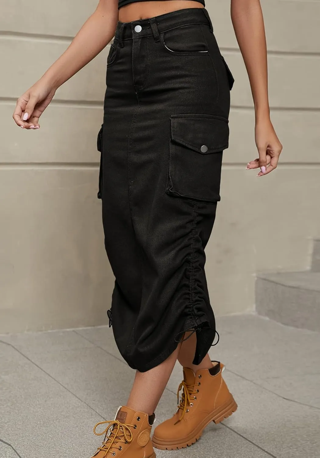 Tcremisa Cargo Skirts for Women Y2k Casual Loose High Waist Maxi Skirts Side Drawstring Denim Skirt with Pocket